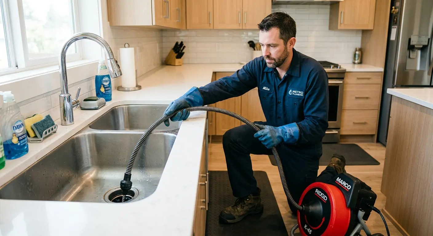 Drain cleaning technician using a motorized snake on a kitchen sink in Port Clinton