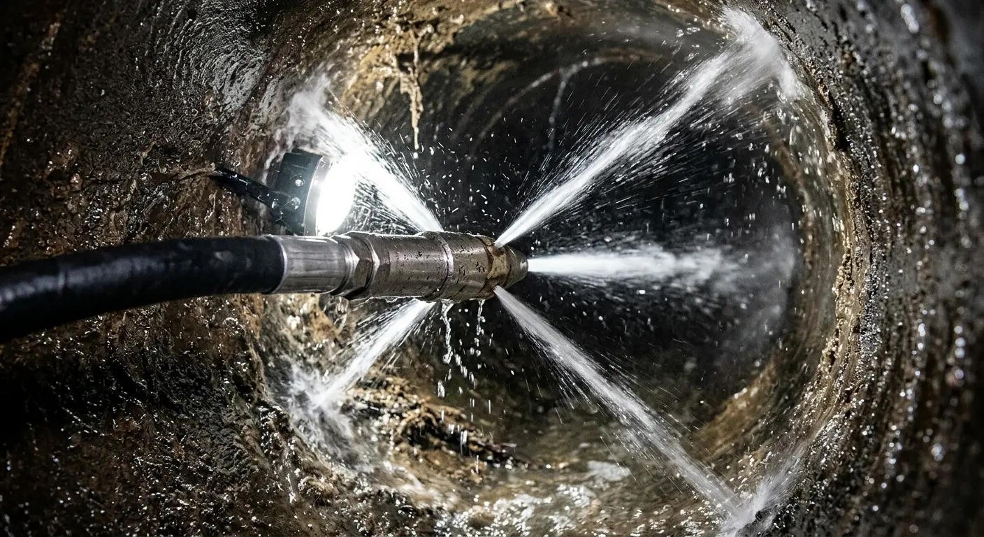 High-pressure hydro jetting nozzle cleaning sewer pipe for Trenchless Sewer Repair in Port Clinton