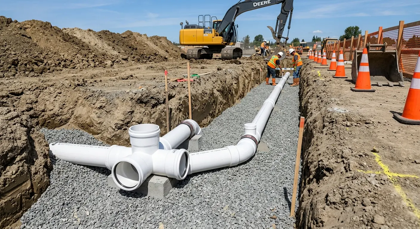 New PVC sewer pipe installation in open trench for Sewer Backup in Port Clinton