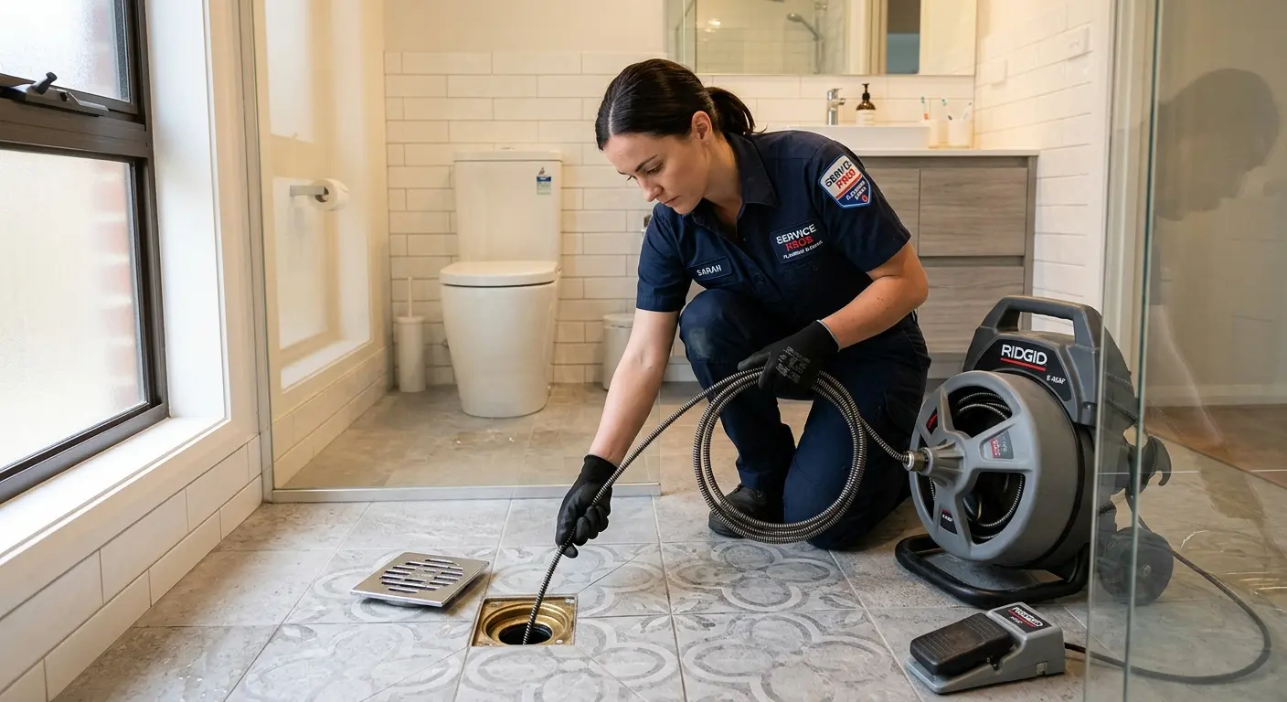 Technician clearing a bathroom floor drain for Drain Cleaning in Port Clinton